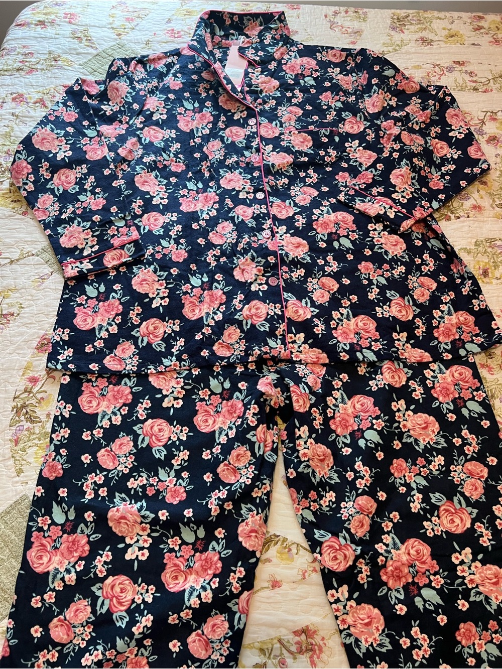 White Mark Floral Pajama Set 1XL Navy Blue Pink Rose Button NWT